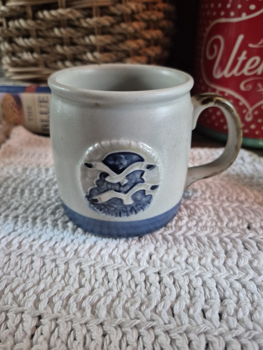 Vintage Otagiri Stoneware Seagulls Blue Gray Speckled Mug